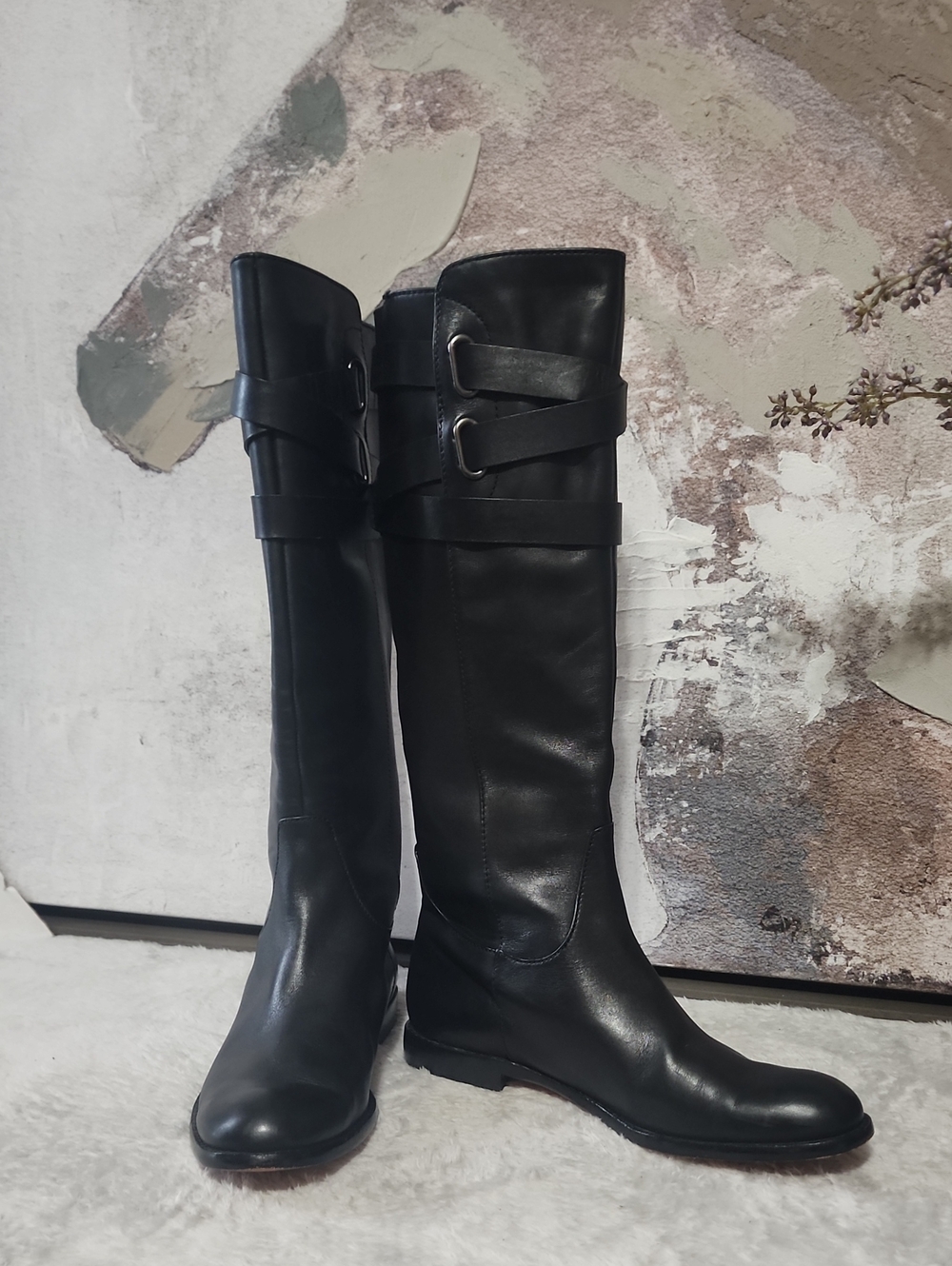 Coach Black Leather Mid-Calf Buckle Riding/Moto Boots